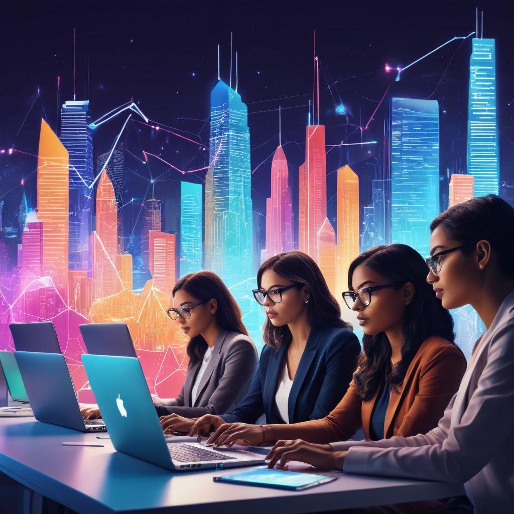 A vibrant illustration of a diverse group of bloggers analyzing colorful data charts and graphs on their laptops, surrounded by glowing data streams and digital icons representing analytics and insights. The background features a futuristic city skyline to symbolize innovation in technology. A sense of empowerment and creativity fills the scene. super-realistic. vibrant colors. futuristic style.