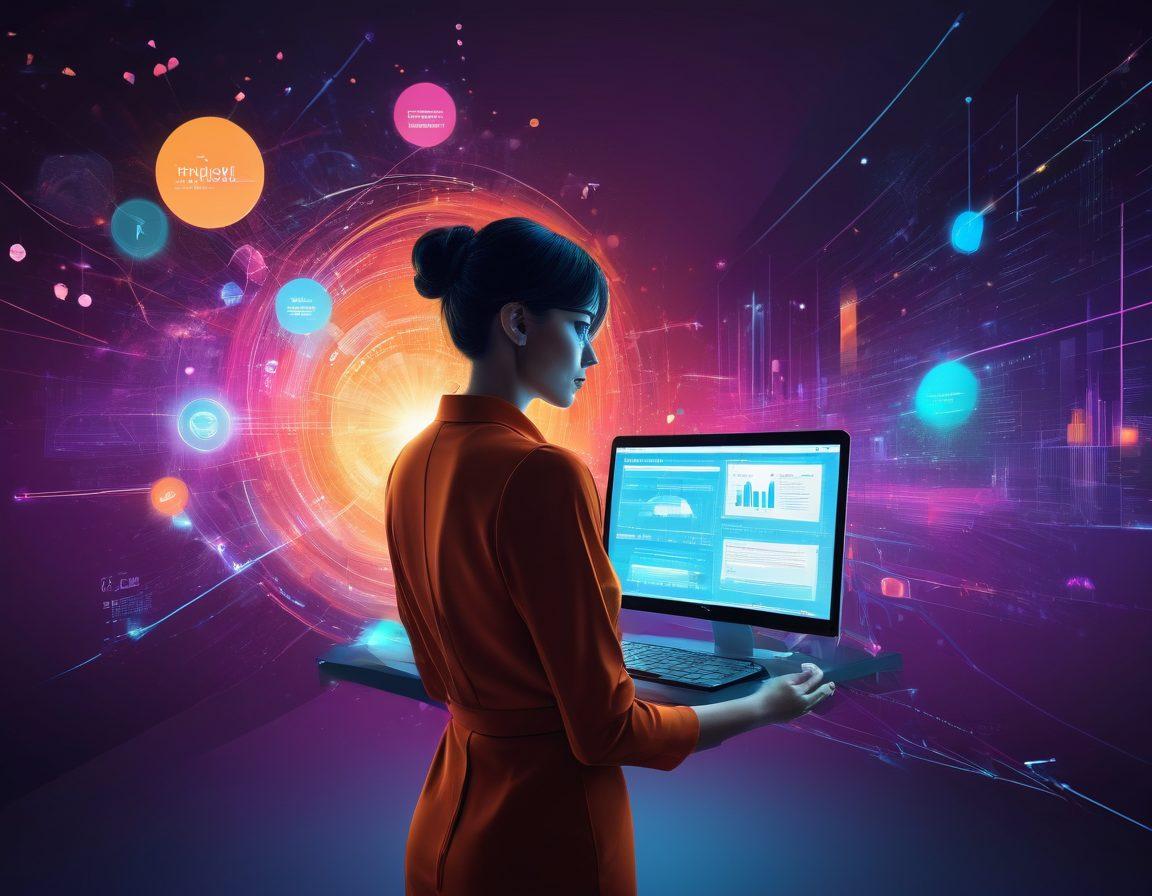 An abstract representation of a digital blogger elevating their content through advanced predictive analytics, with colorful graphs and data visualizations swirling around. The blogger is seen in a dynamic pose, surrounded by glowing data points and charts that signify insights and trends, set against a tech-inspired background. The overall feel is energetic and modern, showcasing the fusion of creativity and technology in blogging. vibrant colors. 3D. futuristic.