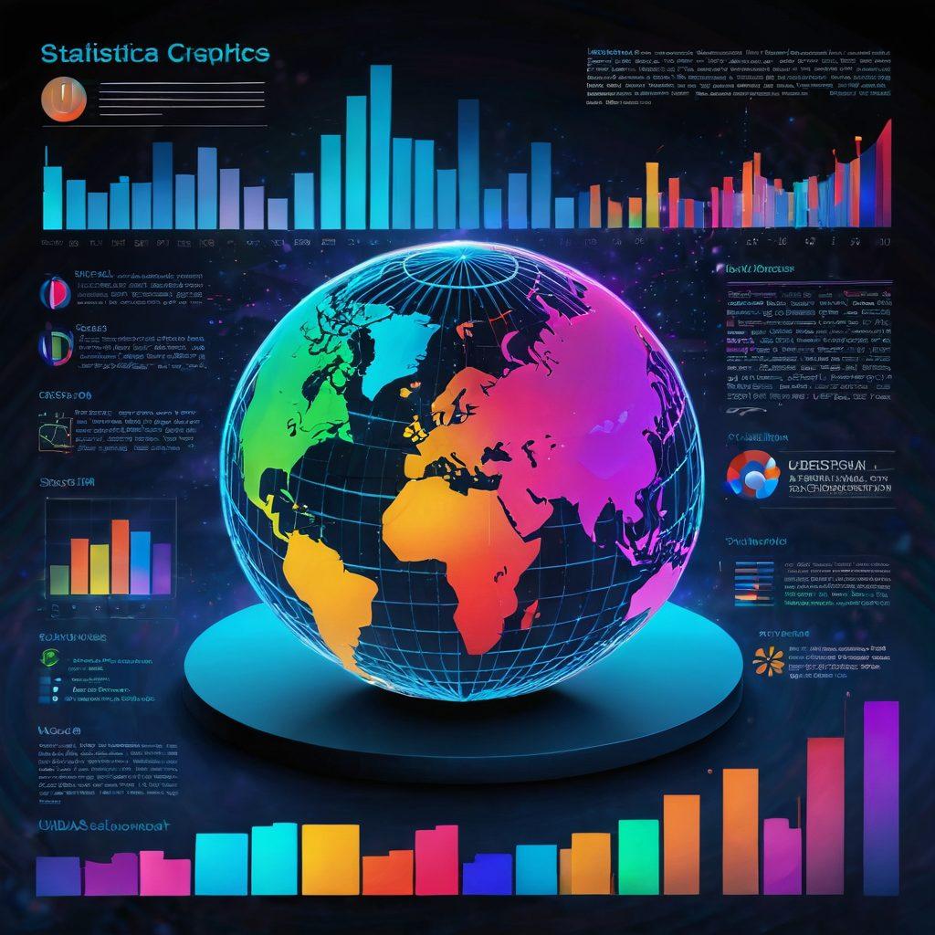 A dynamic visual representation of statistical graphs and charts merging with a digital overlay of an online journal, symbolizing enhanced impact. Include elements like bar graphs, pie charts, and a glowing globe to represent global reach. The background should be a blend of abstract technology patterns to emphasize online presence. Bright and engaging color palette to attract attention. futuristic illustration. vibrant colors. 3D.